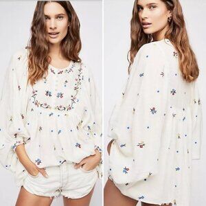 Free People White Floral Embroidered Blouse